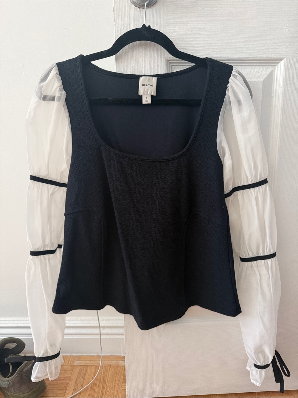 Anthropologie Maeve Black Top with Sheer Puff Sleeves